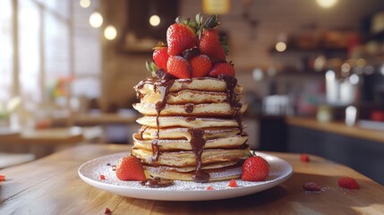 Worms eye view looking up at a towering crepe stack with Nutella and strawberries, cozy caf backdrop