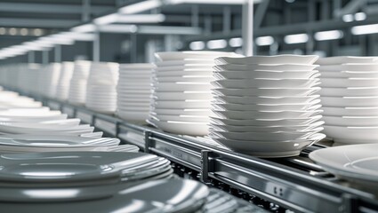 Stacks of freshly manufactured ceramic plates moving on a conveyor belt in a modern factory.