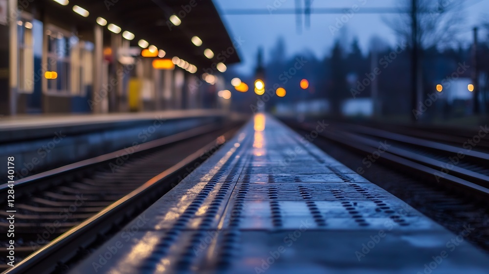 Poster quiet train station platform illuminated by soft lights under a morning sky : generative ai
