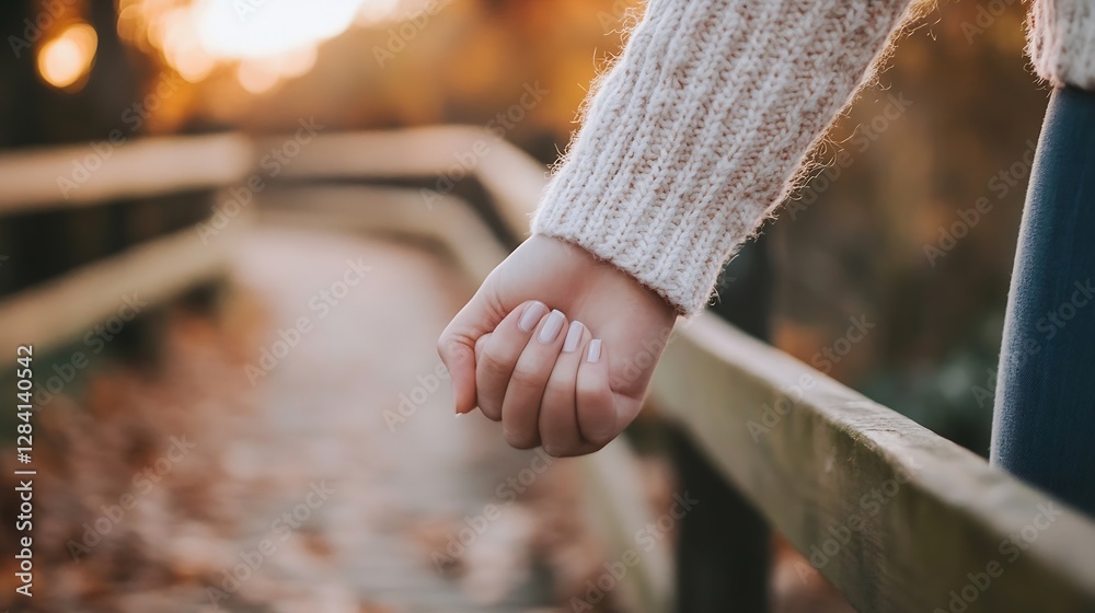 Poster tranquil hand holding and relaxing stroll in a picturesque autumn landscape with soft golden light :