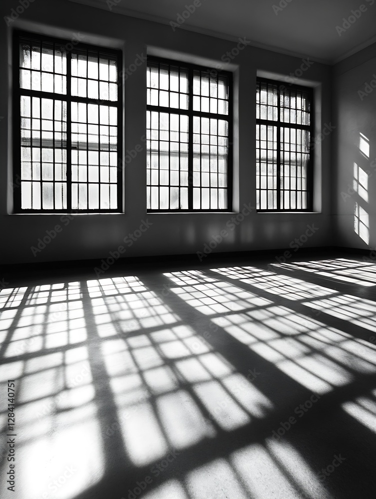 Aufkleber Artistic Black and White Shadows Cast by Windows in an Empty Room : Generative AI