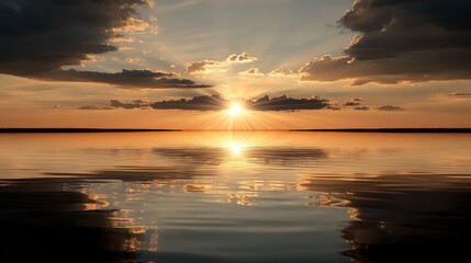 Obraz premium Golden cosmic sunset over a peaceful lake surface solar reflections serene environment breathtaking view