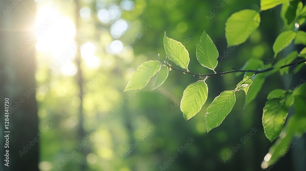 Aufkleber Sunlight filtering through leaves in a lush green forest creating a serene atmosphere : Generative AI