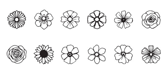Set of flowers outline on white background. Vector illustration