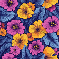 Vibrant floral pattern, tropical leaves, dark background, textile print