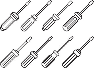 Set of Screwdriver silhouette, black and white silhouette, vector and illustration