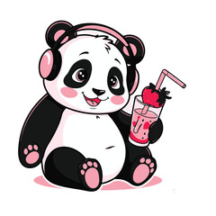 A Cartoon Panda Wearing Pink Headphones, Holding a Glass with a Pink Drink and a Strawberry, Seated Against a White Background.

