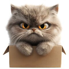A Fluffy 3D Cartoon Cat with Glowing Soft Whiskers Sitting with a Cardboard Box on Its Head Isolated on Transparent Background