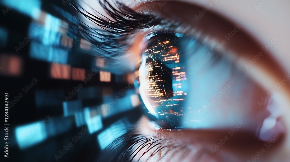 Poster close up of a human eye reflecting a digital cityscape showcasing advanced technology and connectivi