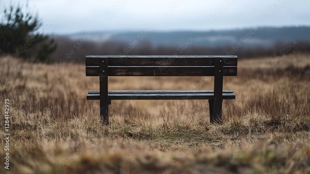 Aufkleber A lonely wooden bench in a vast field under an overcast sky creating a serene nature setting : Generative AI