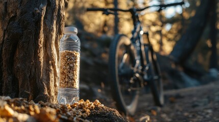 Granola and Water Bottle Beside Mountain Bike in Woods