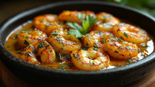 Close-up of delicious, spicy shrimp in a creamy sauce, garnished with parsley, served in a dark stone bowl.