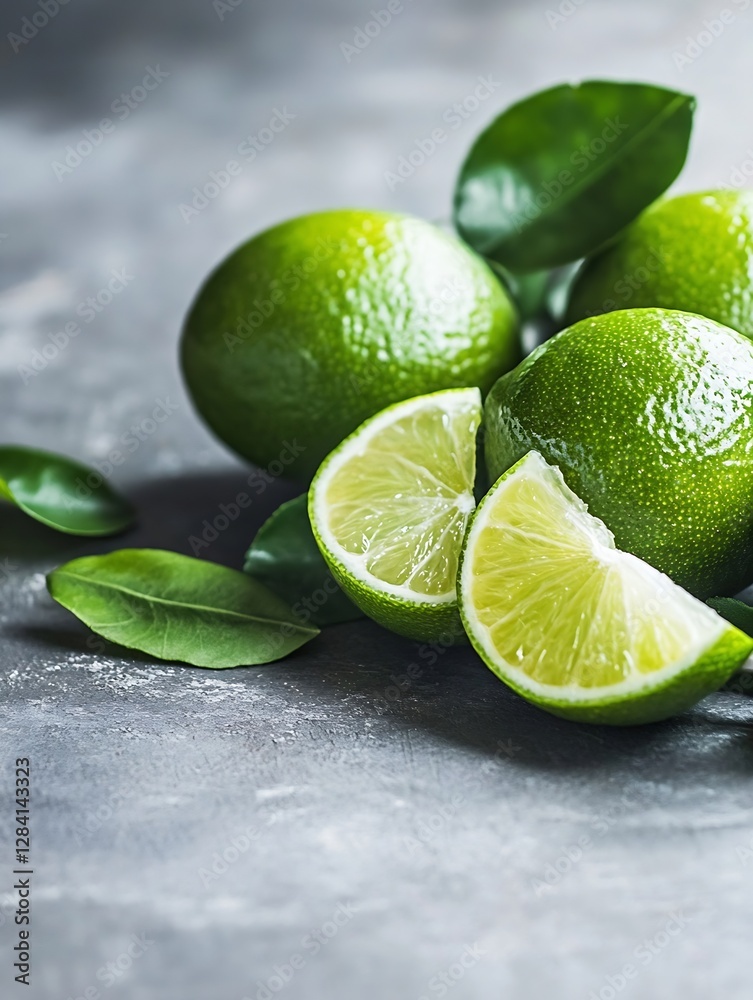 Aufkleber fresh green limes sliced and whole on a dark stone background with leaves : generative ai