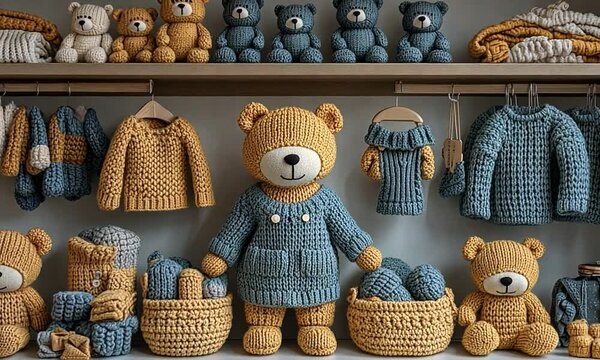 Cozy display of handmade knitted teddy bears and clothing in a warm, inviting room setting