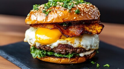 Delicious gourmet hamburger with crispy bacon and a runny egg on a sesame seed bun : Generative AI