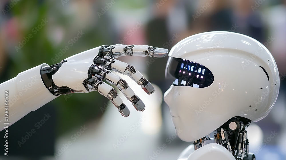 Poster Futuristic closeup of a robotic hand reaching out towards a humanlike robot showcasing advanced technology and innovation : Generative AI