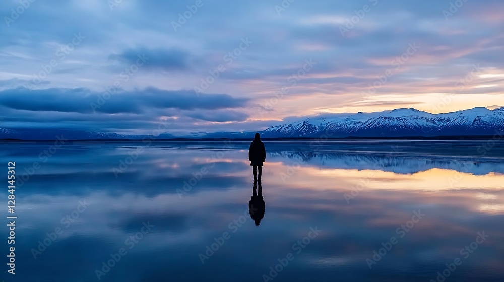 Poster silhouette of a person standing alone on reflective water surface at sunset with serene mountains ba
