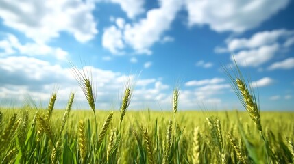 Obraz premium Lush wheat field under a blue sky with fluffy clouds in a bright sunny landscape : Generative AI