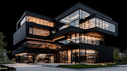 Obraz premium Modern black glass office building at night
