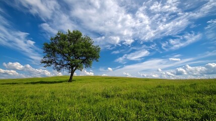 Obraz premium Lone Tree Standing Proudly on a Rolling Green Hill Under a Beautiful Sky with Clouds : Generative AI