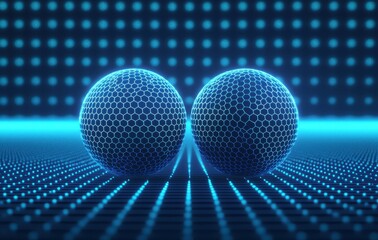 Futuristic Blue Hexagonal Pattern with Spheres and Grid Background