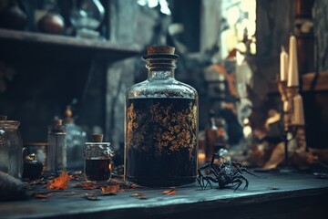 Apothecary Jar. Halloween Witchcraft Potion with Lizard for Spooky Decoration