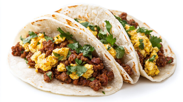 Breakfast tacos with chorizo and scrambled eggs isolated on white background, food bundle.
