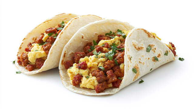 Breakfast tacos with chorizo and scrambled eggs isolated on white background, food bundle.