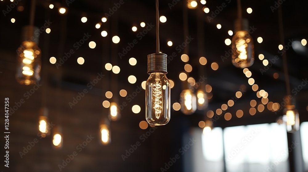 Poster Charming close up shot of illuminated vintage light bulbs hanging in a rustic setting creating a warm ambiance : Generative AI