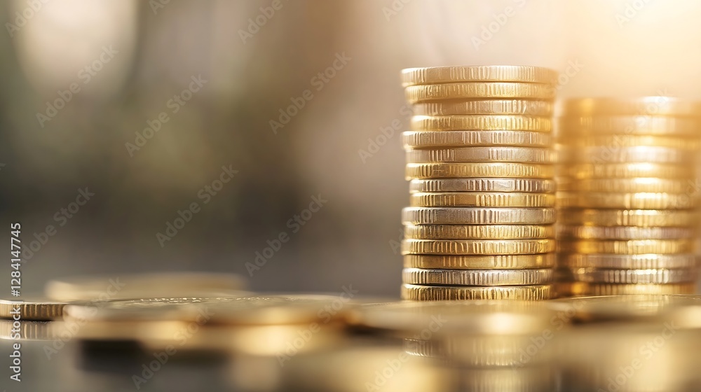 Aufkleber closeup view of neatly stacked golden coins reflecting financial success and wealth : generative ai