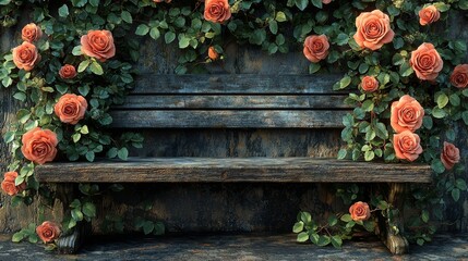 Fototapeta premium Relaxing moment on a floral bench surrounded by roses in a tranquil garden setting