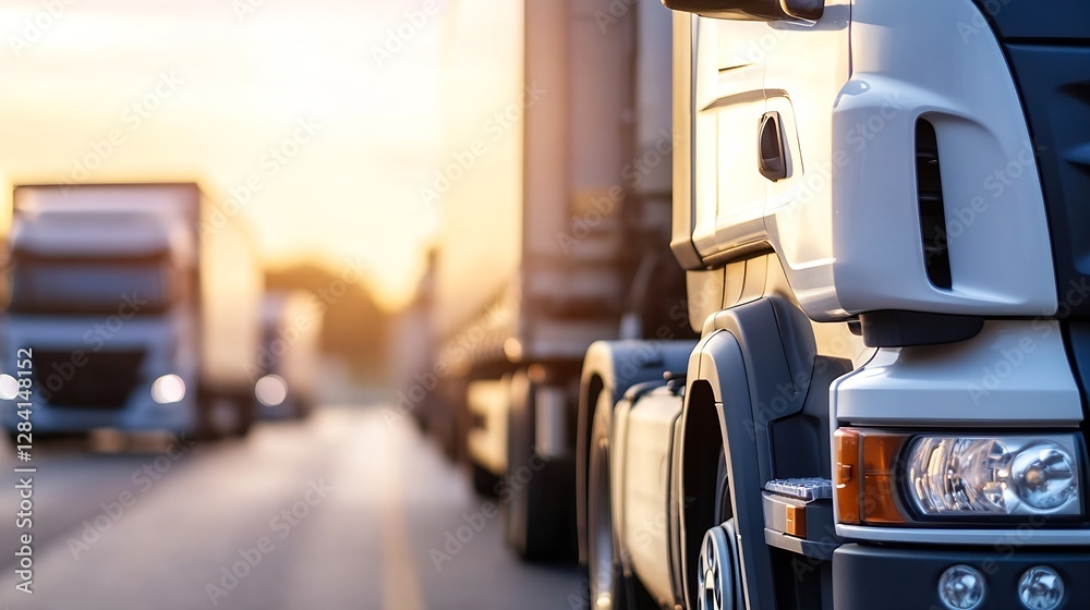 Poster closeup of trucks lined up on a highway during sunset creating a lively transportation scene : gener