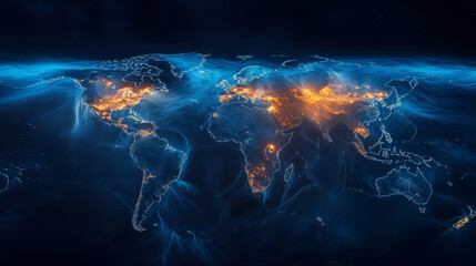 Global network visualization with glowing connections across world map showing digital infrastructure and data flows in blue and orange colors