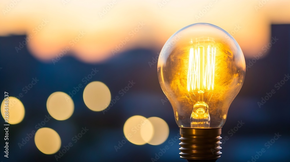 Poster glowing light bulb creating an ambiance against a blurred city backdrop during sunset : generative a