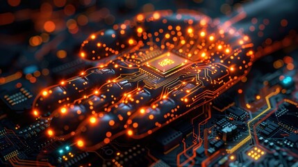 Obraz premium A hand-shaped circuit board with glowing microchip.