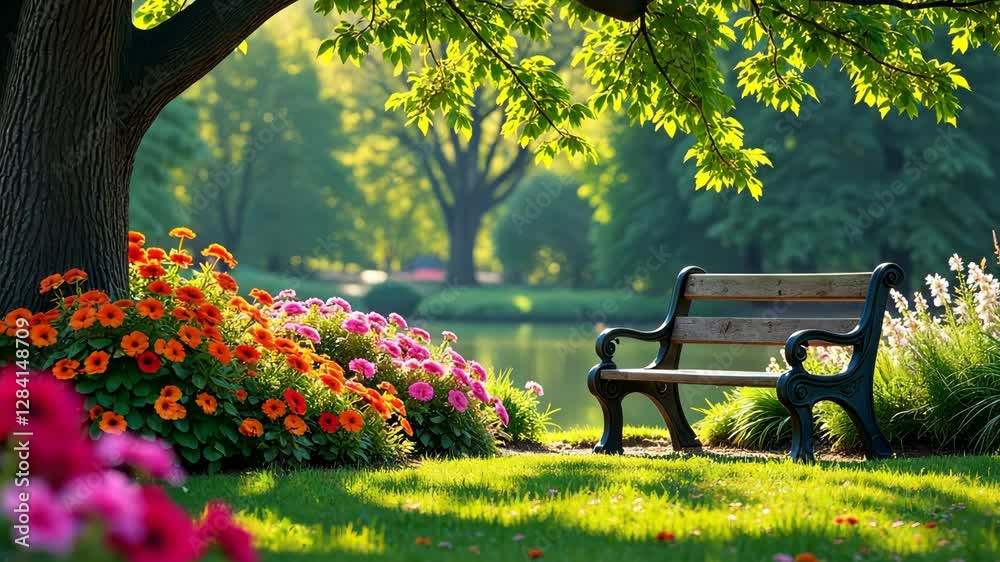 Poster a bench is in a park with a tree behind it. the bench is black and there are flowers in the backgrou