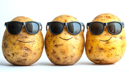 Three funny potatoes with human faces wearing sunglasses isolated on white background, vegetable collection.