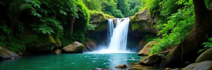 Fototapeta premium Emerald waters of Juan Diego Falls cascading down rocky terrain in El Yunque National Forest, forest, tropical, natural