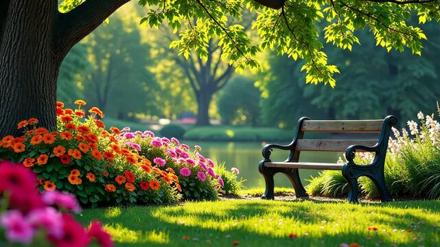 A bench is in a park with a tree behind it. The bench is black and there are flowers in the background