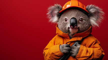 Koala wearing orange safety jacket and hard hat against red background, creative portrait of Australian wildlife protection concept