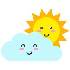 Smiling sun peeking over a smiling cloud. Suitable for weather forecasts, childrens illustrations, positive messaging, and naturethemed designs.