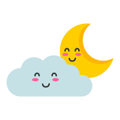 Smiling cloud and crescent moon, a whimsical and cheerful design suitable for childrens illustrations, greeting cards, and celestialthemed projects.