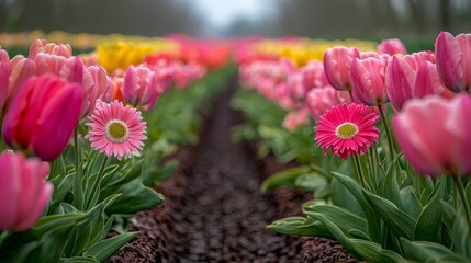 Vibrant tulip and daisy field blooming in spring nature photography colorful landscape serene environment