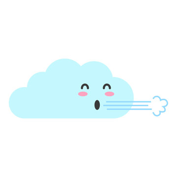 Cute cartoon cloud blowing wind ideal for childrens illustrations, weatherrelated designs, and whimsical branding materials. Whimsical, adorable, versatile element.
