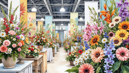 Fototapeta premium Vibrant floral arrangements showcased at exhibition hall, artistic celebration