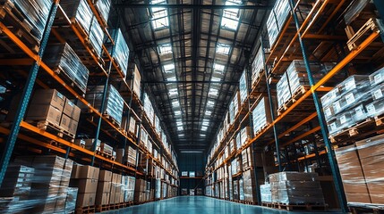 Fototapeta premium Inside Large Warehouse with Shelves Full of Boxes and Packages