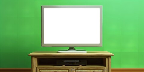 An LCD TV mockup with a blank screen on a wooden TV stand against a vibrant backdrop, Generative AI.