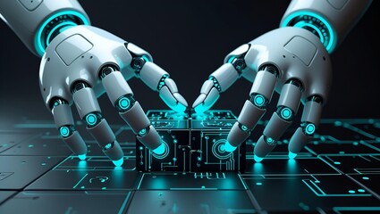 Futuristic Robotic Hands Assembling Digital Circuitry