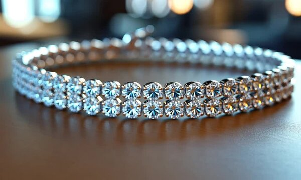 Elegant diamond bracelet displayed on a wooden surface with a blurred, luxurious background