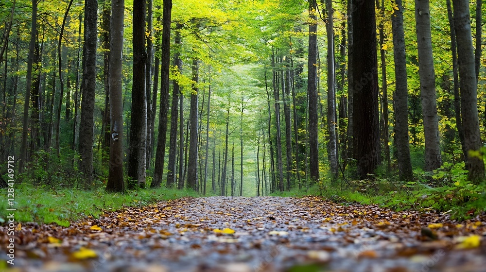 Poster Scenic view of a forest pathway lined with trees and fallen leaves in autumn : Generative AI